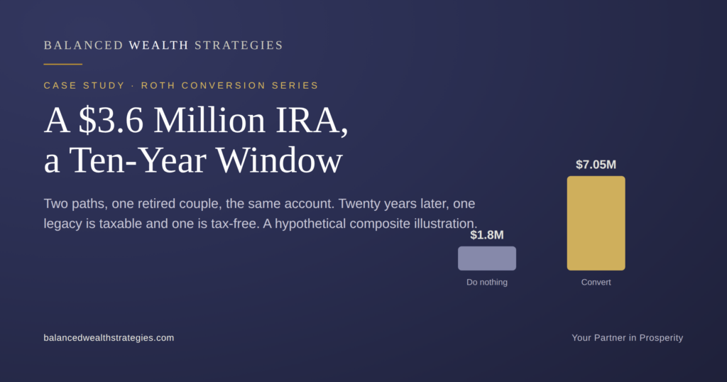 Balanced Wealth Strategies case-study hero: a $3.6 million IRA and the ten-year window - do-nothing $1.8M versus convert $7.05M after-tax legacy (hypothetical composite).