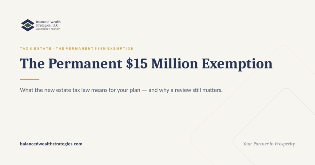 The Deadline That Never Came: The Permanent $15M Estate Exemption Families planned for two years against an estate tax cut that was cancelled. The exemption rose to $15M and became permanent. Here is what to do now.