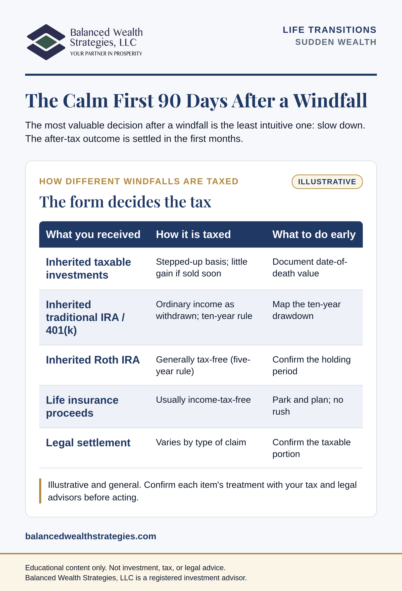 Infographic, The Calm First 90 Days After a Windfall: an illustrative table of how inherited taxable investments, inherited traditional and Roth IRAs, life insurance proceeds, and legal settlements are generally taxed, and what to do early for each.