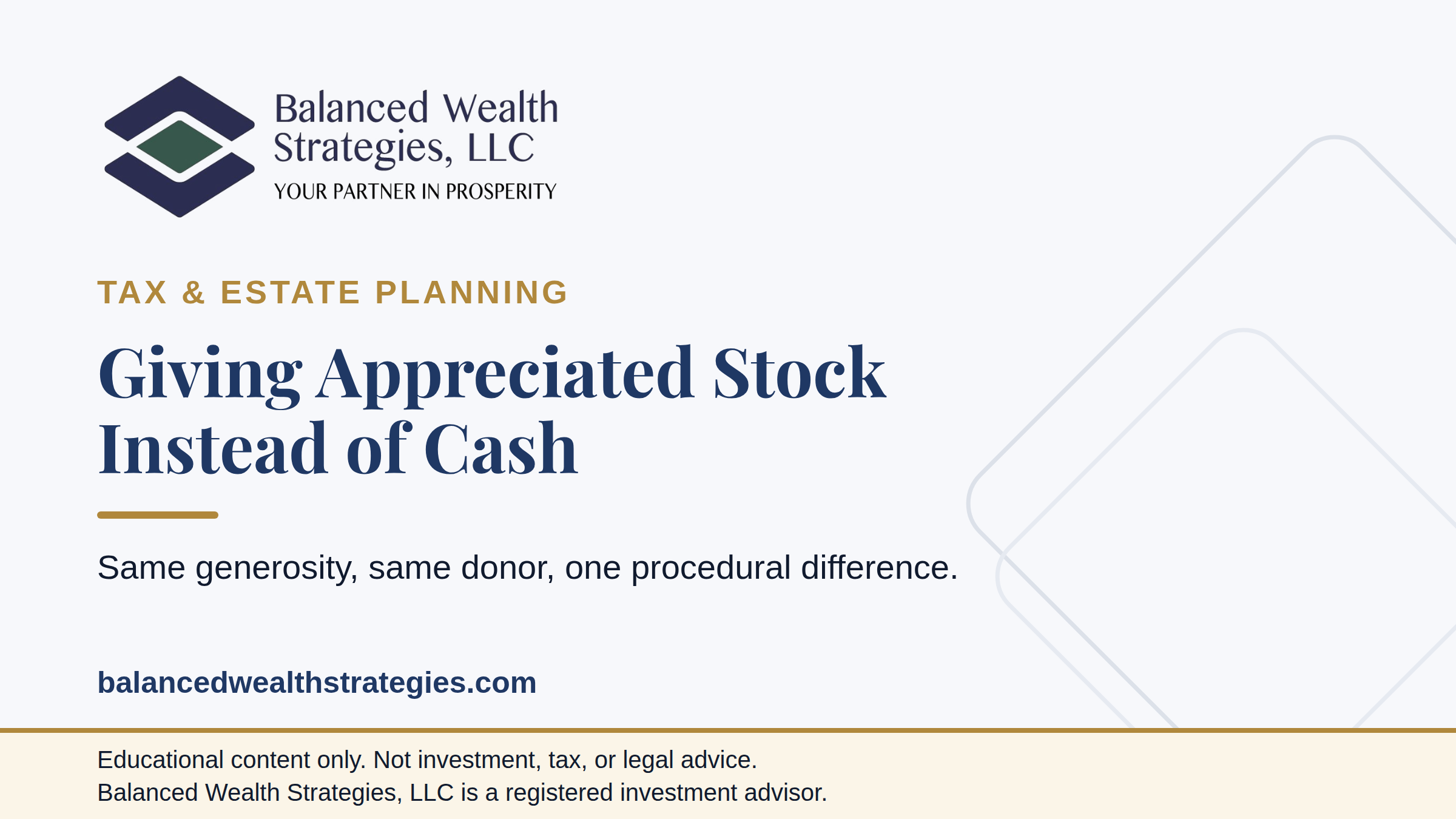 Balanced Wealth Strategies hero: giving appreciated stock instead of cash - selling then donating compared with donating the shares directly.