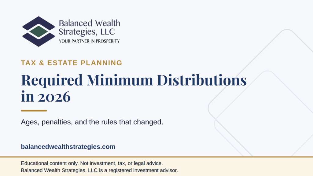 Balanced Wealth Strategies hero: required minimum distributions in 2026 - ages, penalties, and the rules that changed.